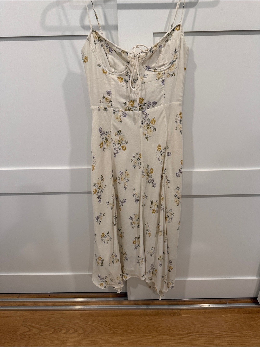 Wayf Cream Floral Lace-Up Midi Dress with Yellow & Lavender Accents